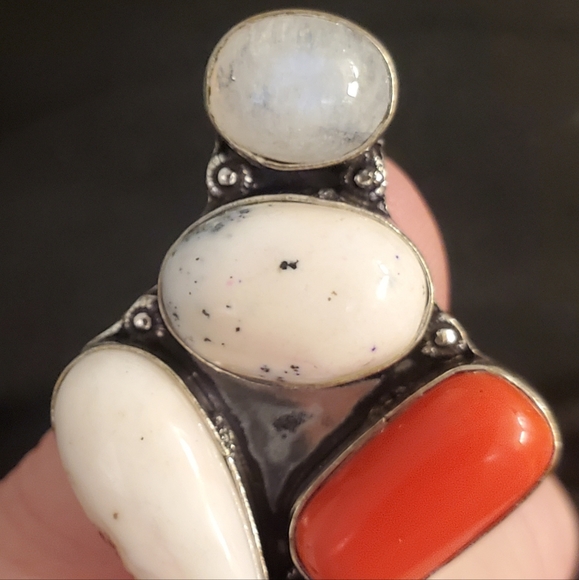 New Dendritic Opal, Coral, Rainbow Moonstone 925 Silver Statement Ring. - Picture 6 of 14